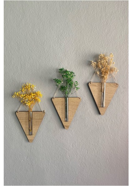 Ahşap Dekoratif Üçgen 3'lü Duvar Çiçekliği (Çiçek Hediyeli)