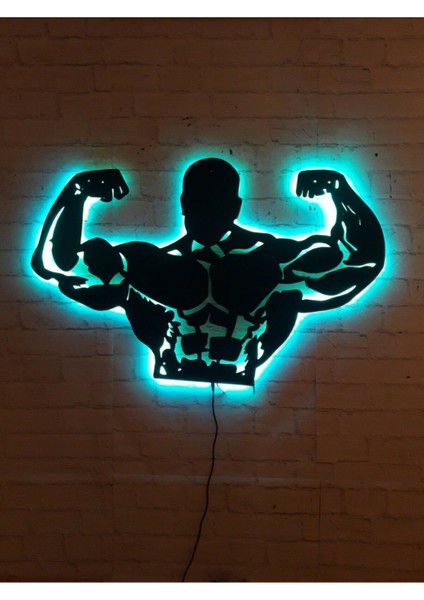 Fıtness Gym Kas Adam Rgb LED Işıklı Ahşap Mdf Dekoratif Tablo