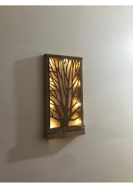Ledli Ağaç Desenli Doğal Ahşap Duvar Dekoru Işıklı Tablo Ev Hediyesi Antre Hol Oturma Odası