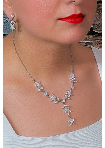Kadın Zirkon Taşlı Ikili Set Kolye Küpe Silver Çiçek Model