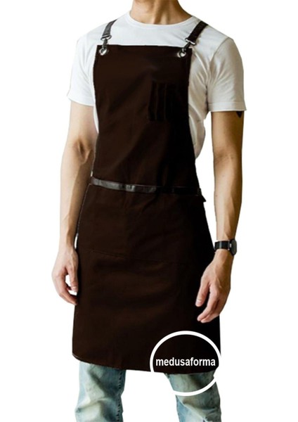 Çapraz Askılı Mutfak Önlüğü Master Chef Cafe Restaurant Şef Garson Aşçı Kuaför Barista Önlük - Kahv