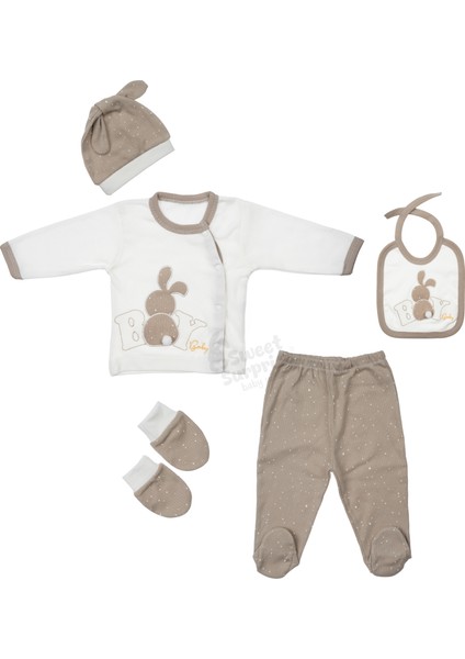 Sweet Surprıse Boy Havalı Tavşan Zıbın Set Kahverengi %100 Pamuk 5'li Yenidoğan Hastane Çıkış Seti
