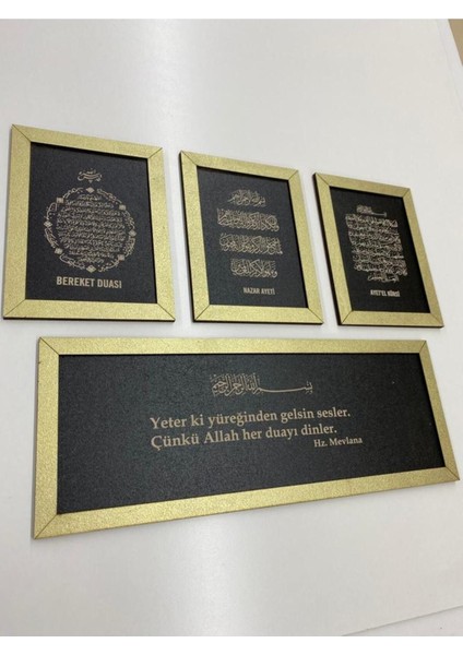 Dörtlü Duvar Pano Seti (Mevlana - Ayetel Kürsi, Nazar Ayeti ve Bereket Duası) - Siyah/gold fiyatları