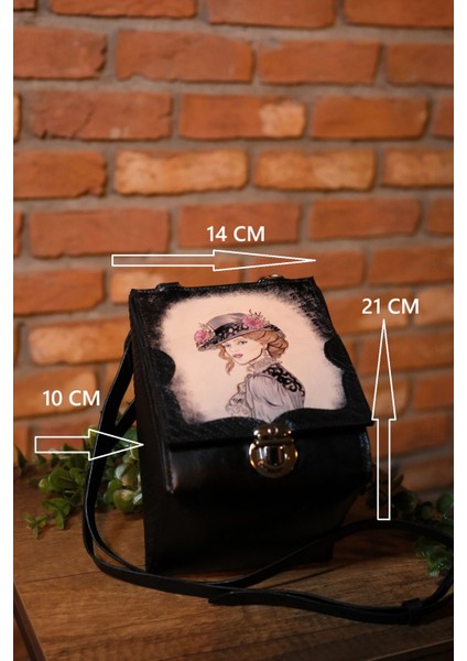 Esras Leathers El Yapımı Deri Kabartma Siyah Omuz Çantası,Çapraz Çanta