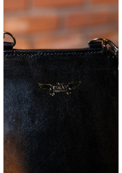 Esras Leathers El Yapımı Deri Kabartma Siyah Omuz Çantası,Çapraz Çanta