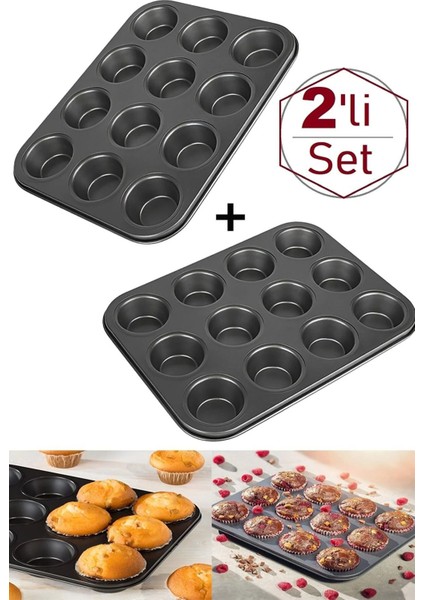12 Bölmeli Muffin Kek Kalıbı 2 Li Set Yanmaz Yapışmaz Çörek Cupcake
