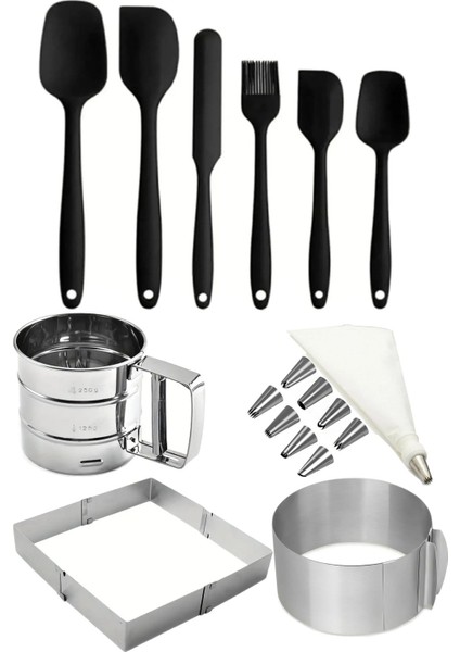 10 Parça Pasta Seti, Ayarlanabilir Yuvarlak Ve Kare Silikon Servis Ve Spatula Seti Krema Torbası