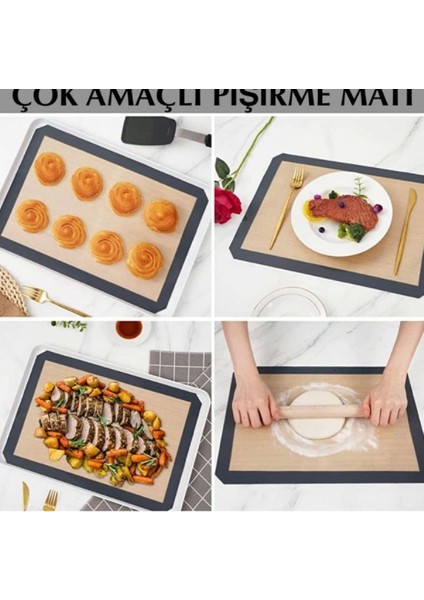 Gri Renk Silikon Kenar Ortası Cam Elyaf Yanmaz Yapışmaz Pişirme Ve Hamur Açma Matı 40*30 1 Adet