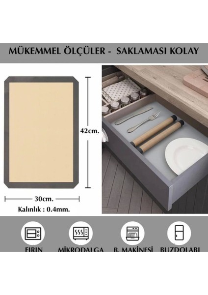 Gri Renk Silikon Kenar Ortası Cam Elyaf Yanmaz Yapışmaz Pişirme Ve Hamur Açma Matı 40*30 1 Adet modelleri