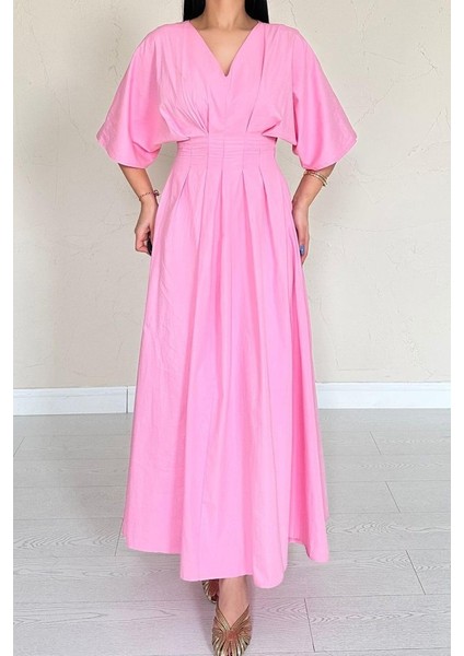 Pembe Pileli Uzun Elbise
