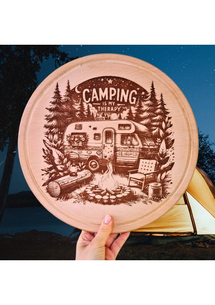 Camping Is My Therapy Temalı Ahşap Sunum Tahtası fiyatları