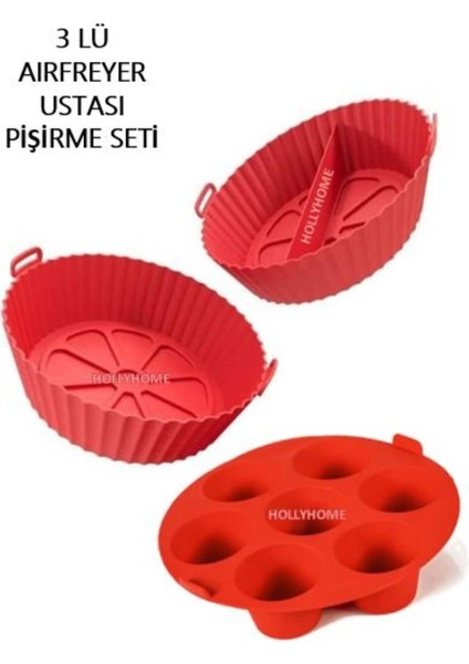 3 Parça Silikon Airfryer Kırmızı Pişirme Kabı Yonca, Muffin, Iki Bölmeli Fırın, Hava Fritözü Hh