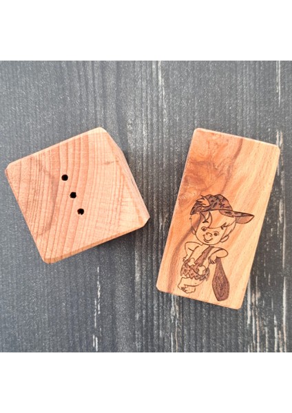 Taş Devri Çakıl&bambam Desenli Ahşap Tuzluk/biberlik Set