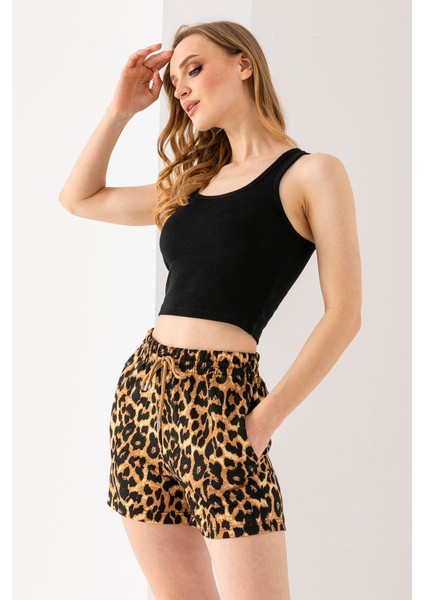 Kadın Beli Ayarlanabilir Çift Cepli Desenli Şort Leopar - 10047