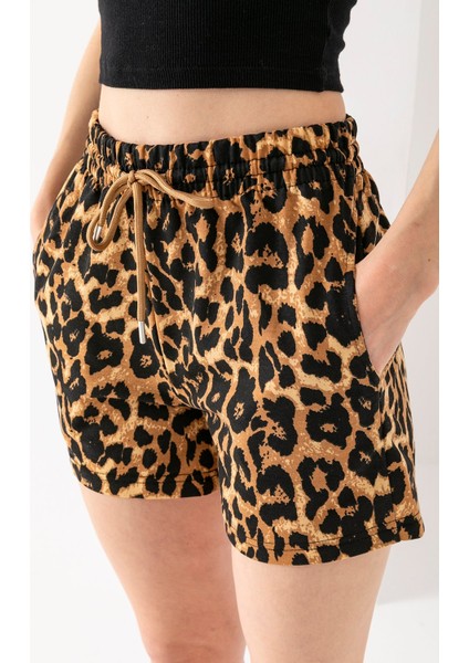 Kadın Beli Ayarlanabilir Çift Cepli Desenli Şort Leopar - 10047