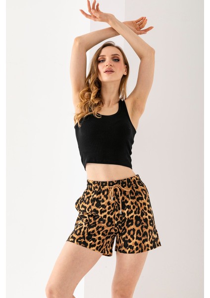 Kadın Beli Ayarlanabilir Çift Cepli Desenli Şort Leopar - 10047