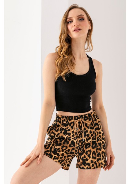 Kadın Beli Ayarlanabilir Çift Cepli Desenli Şort Leopar - 10047