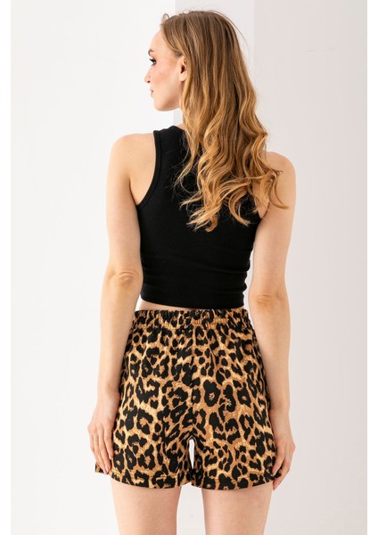 Kadın Beli Ayarlanabilir Çift Cepli Desenli Şort Leopar - 10047