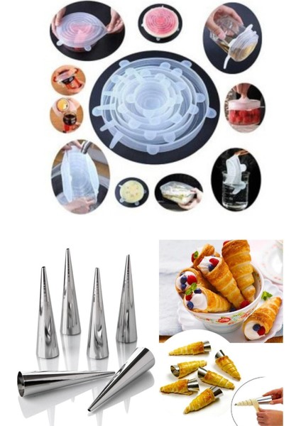 6’Lı Metal Kornet-Külah Kalıbı 6 Boy Gıda Koruyucu Silikon Kapak Saklayıcı Bone