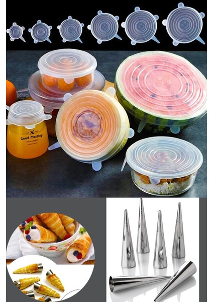 6’Lı Metal Kornet-Külah Kalıbı 6 Boy Gıda Koruyucu Silikon Kapak Saklayıcı Bone fiyatları