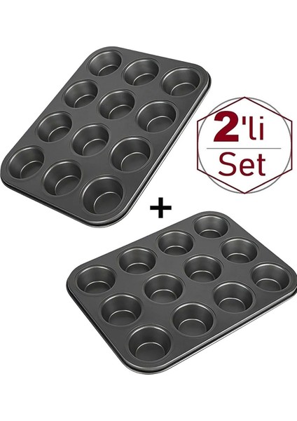 12 Bölmeli Muffin Kek Kalıbı 2 Li Set Yanmaz Yapışmaz Çörek Cupcake Fırın Kalıp Tepsisi