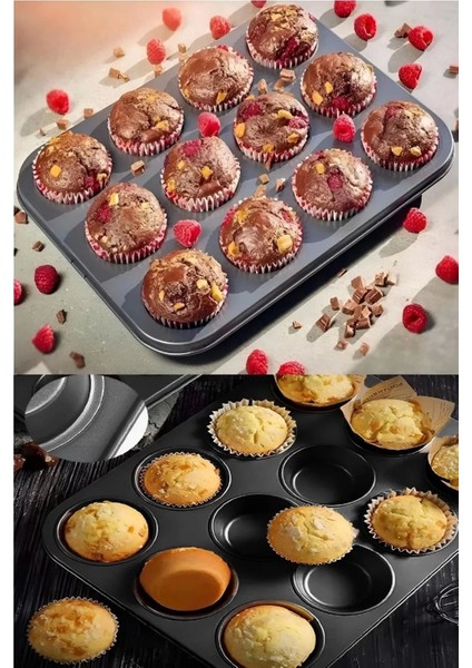 12 Bölmeli Muffin Kek Kalıbı 2 Li Set Yanmaz Yapışmaz Çörek Cupcake Fırın Kalıp Tepsisi fiyatları