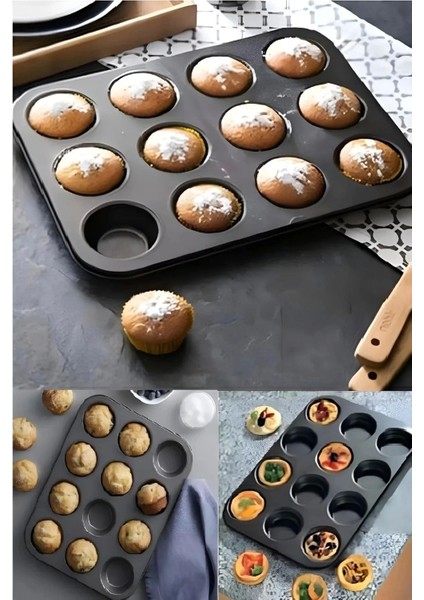12 Bölmeli Muffin Kek Kalıbı 2 Li Set Yanmaz Yapışmaz Çörek Cupcake Fırın Kalıp Tepsisi modelleri