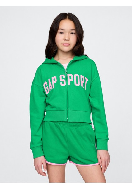 Kız Çocuk Yeşil Vintage Soft Crop Gap Logo Fermuarlı Sweatshirt