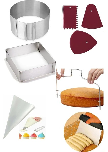 Yuvarlak Ve Kare Ayarlanabilir Kek Kalıbı +Kazıyıcı +Pasta Teli +Krema Torbası+ 3'lü Şekillendirici