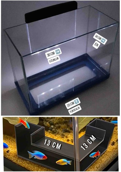 Işıklı Cam Akvaryum 30CM Fanus Balık Mağarası/tüneli ve LED Panel