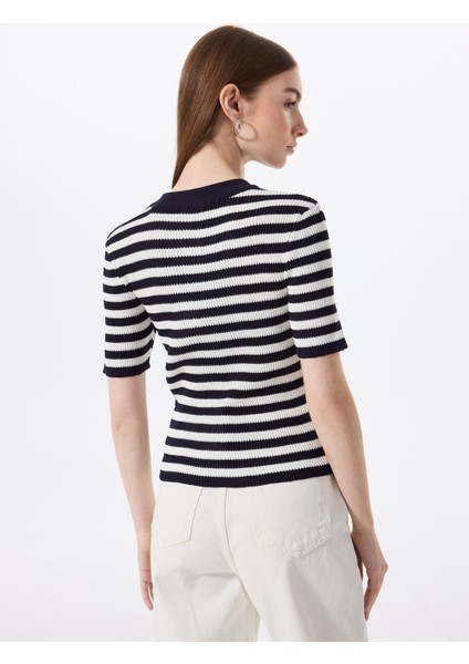 Düğmeli Bisiklet Yaka Normal Çizgili Lacivert - Beyaz Kazak Kadın M5SL-KZK1910 modelleri