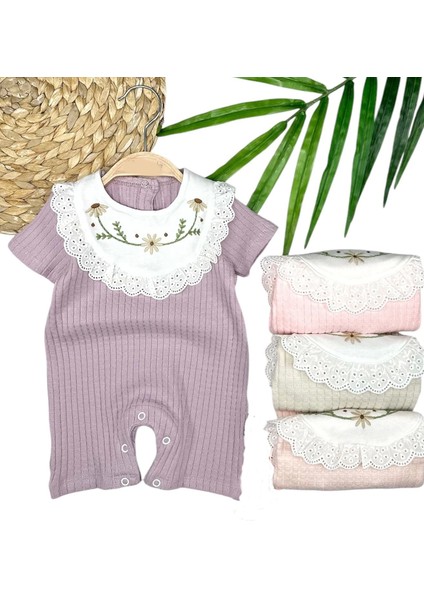 3-6-9-12 Ay Bebe Yaka Çiçek Nakışlı Pamuklu Petek Penye Yazlık Kız Bebek Tulumu