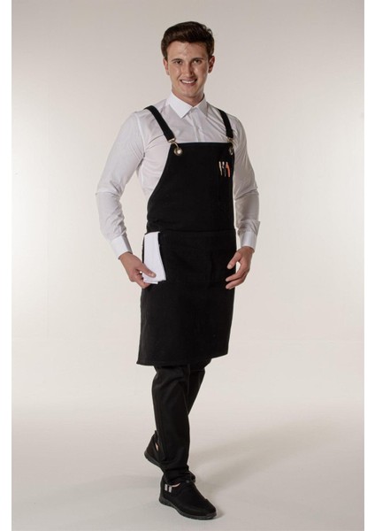 Şık Siyah Kanvas Askılı Restoran Önlüğü 70x100 cm, Kumaş Malzeme