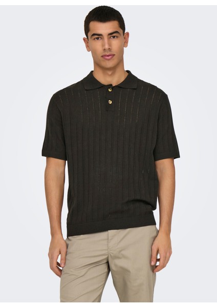 Düz Koyu Kahve Erkek Polo T-Shirt Onskent Lıfe Reg 12 Ss Polo Knıt
