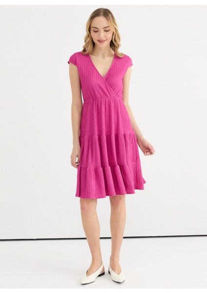 Kruvaze Yaka Desenli Fuşya Standart Kadın Elbise 25YSL7638
