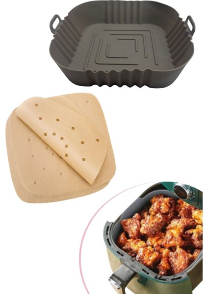 ® Silikon Fırın Ve Airfryer Kare Gri Pişirme Matı 20 cm Ve 100 Adet Kullan-At Pişirme Kağıdı