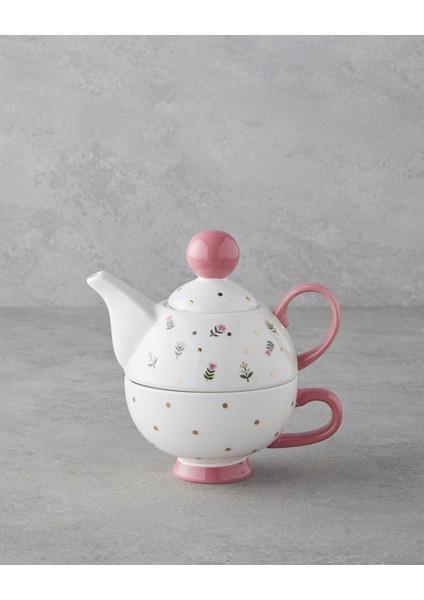 Pink Flowers New Bone China Demlik 400 ml Pembe