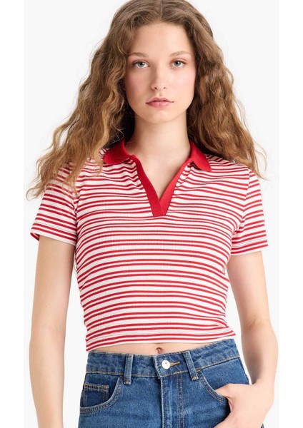 Fitted Polo Yaka Çizgili Fitilli Kaşkorse Kısa Kollu Tişört E7907AX25SM