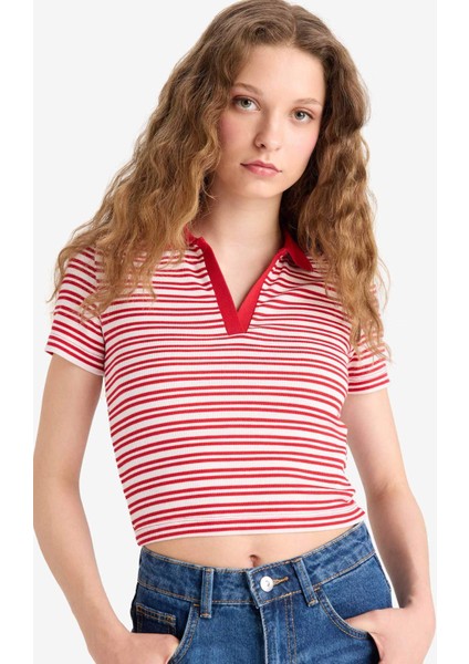 Fitted Polo Yaka Çizgili Fitilli Kaşkorse Kısa Kollu Tişört E7907AX25SM modelleri