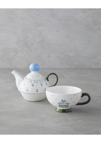 Blue Flowers New Bone China Demlik 400 ml Mavi