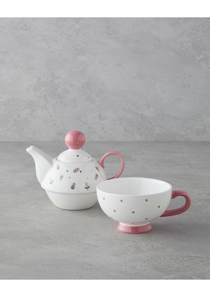 Pink Flowers New Bone China Demlik 400 ml Pembe