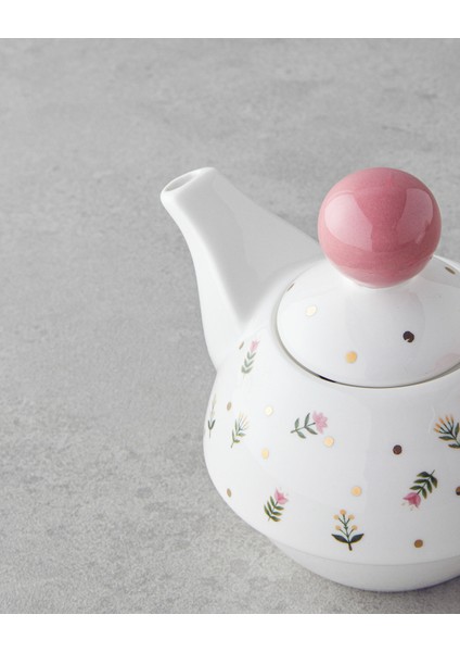 Pink Flowers New Bone China Demlik 400 ml Pembe
