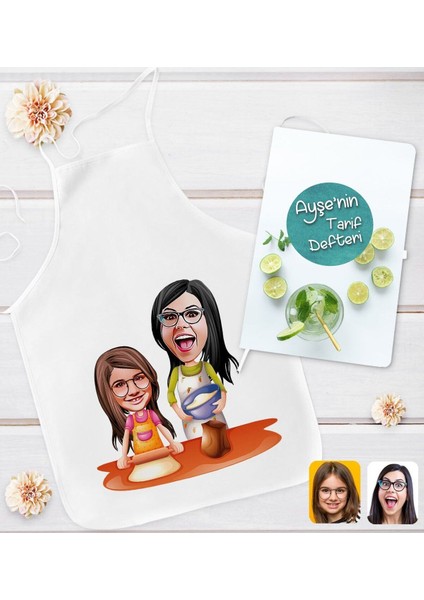 Kişiye Özel Anne Kız Karikatür Tasarımlı Mutfak Önlüğü ve Yemek Tarif Defteri Hediye Seti-1,