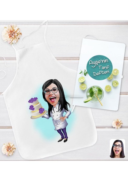 Kişiye Özel Karikatürlü Aşçı Anne Tasarımlı Mutfak Önlüğü ve Yemek Tarif Defteri Hediye Seti