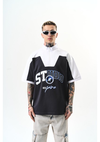 Erkek Studio Nakışlı Yarım Fermuarlı Oversize T-Shirt Füme
