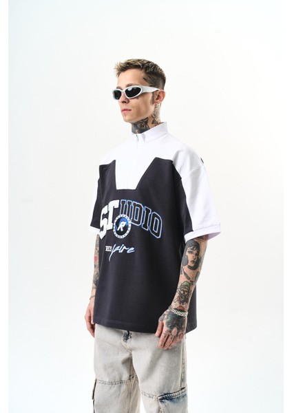 Erkek Studio Nakışlı Yarım Fermuarlı Oversize T-Shirt Füme fiyatları
