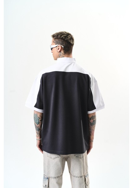 Erkek Studio Nakışlı Yarım Fermuarlı Oversize T-Shirt Füme modelleri