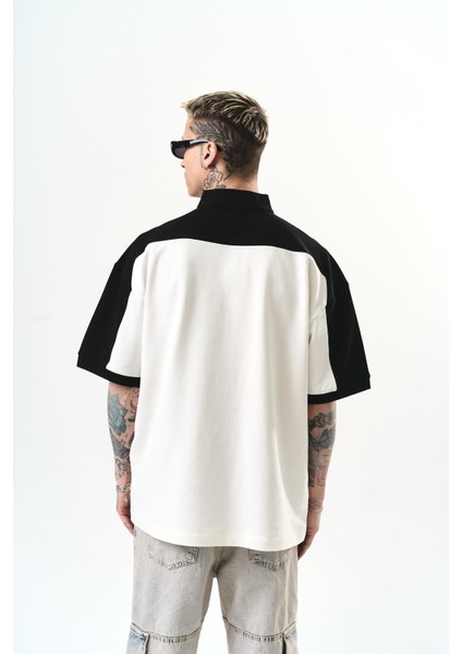 Erkek Studio Nakışlı Yarım Fermuarlı Oversize T-Shirt Ekru modelleri