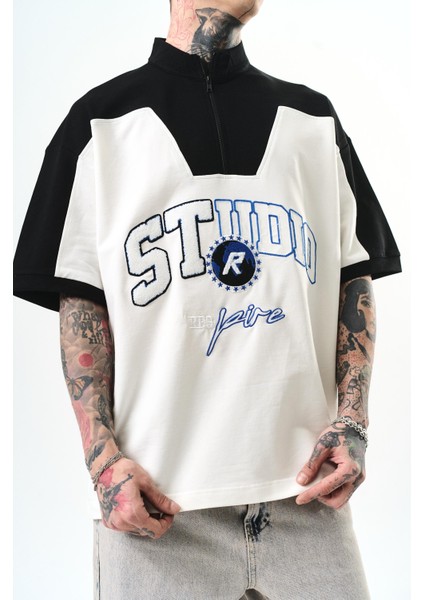Erkek Studio Nakışlı Yarım Fermuarlı Oversize T-Shirt Ekru fırsatları