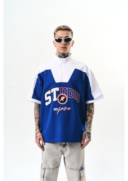 Erkek Studio Nakışlı Yarım Fermuarlı Oversize T-Shirt Saks